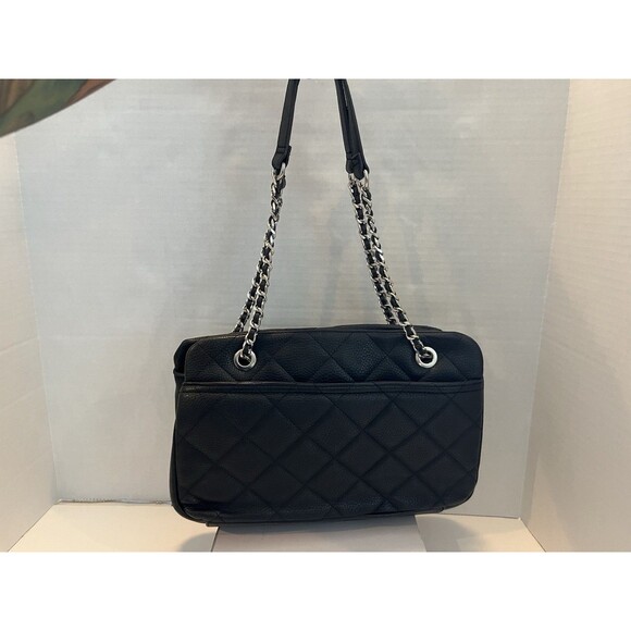 Forever 21 Black quilted Faux Leather shoulder Tote bag Goth Rock Excellent - Picture 2 of 8